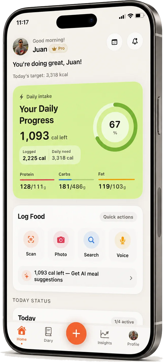 CalorieCue daily calorie dashboard and food logging on iPhone