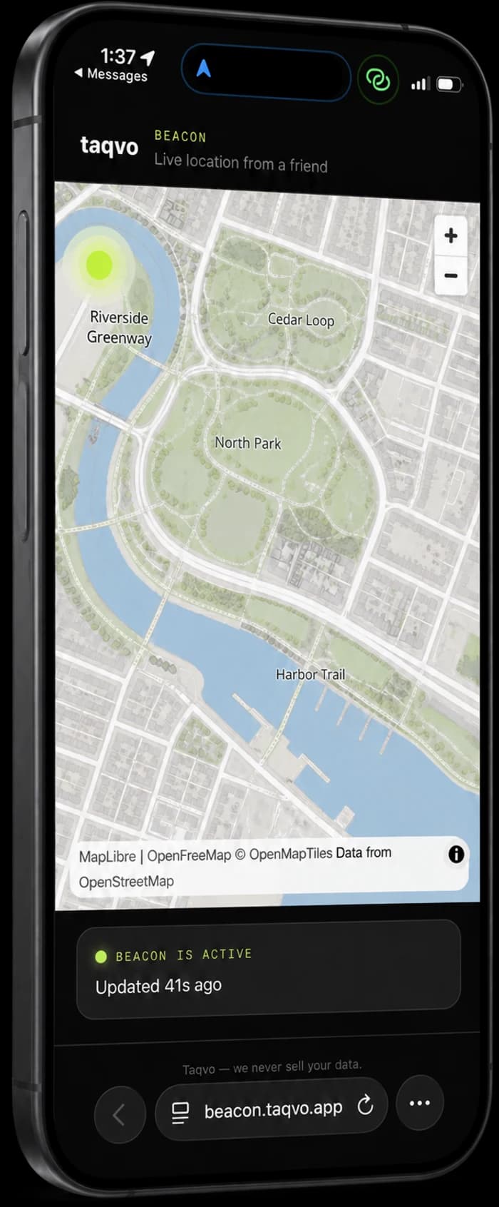 Taqvo Beacon live location map shared in a browser