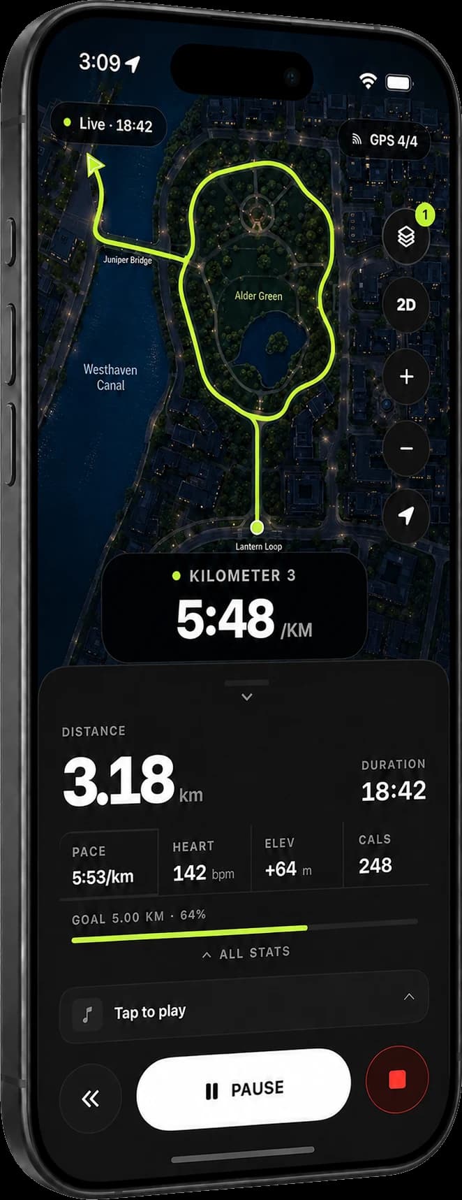 Taqvo workout route, pace, and distance on iPhone